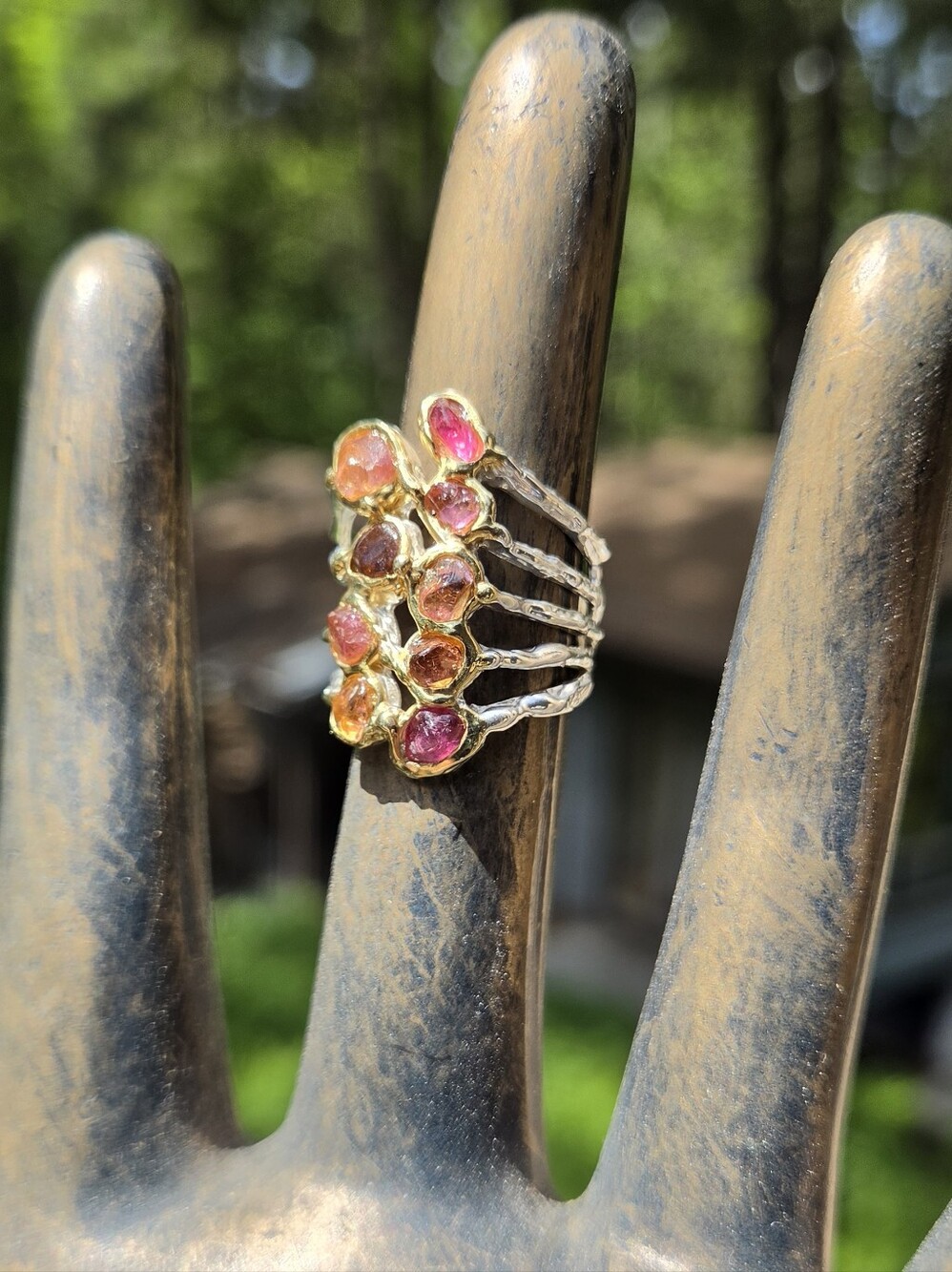 Tourmaline Natural Multi Color Sterling & Gold Finger Cuff Sz7 - Picture 4 of 8